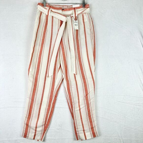 Express Linen Blend High Rise Ankle Pants Size 8 Short NWT Stripe Tie Waist - Picture 1 of 8